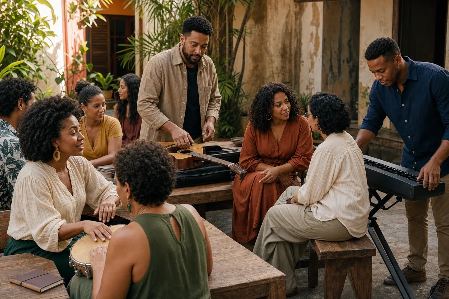 Imagem sintética de oficina comunitária de música entre adultos